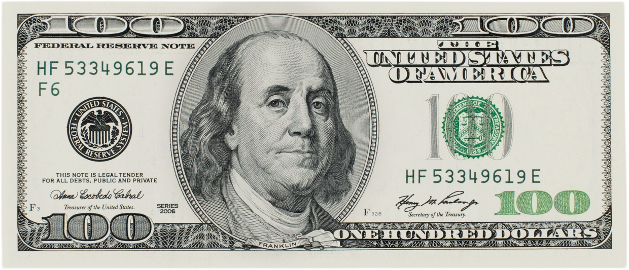 Front View of a 100 Dollar Bill Isolated